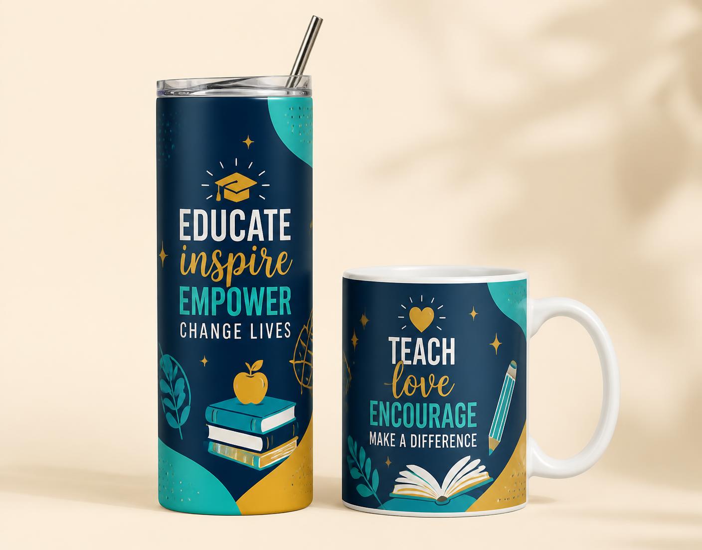 A personalised 20oz straight skinny tumbler and 11oz ceramic mug with education designs