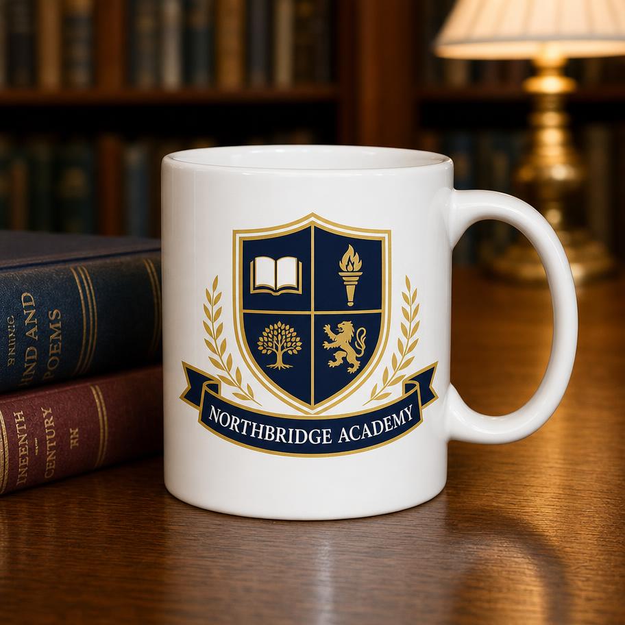 Example institution design: a navy and gold crest printed on an 11oz ceramic mug