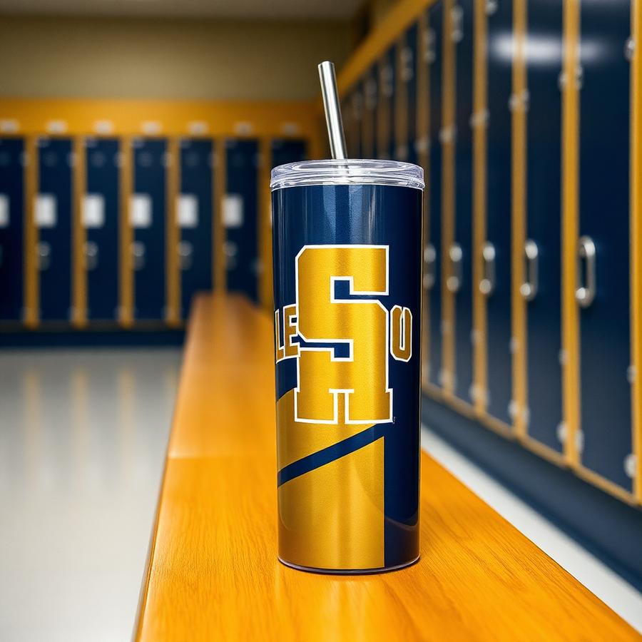A navy and gold sports team 20oz straight skinny tumbler on a locker room bench